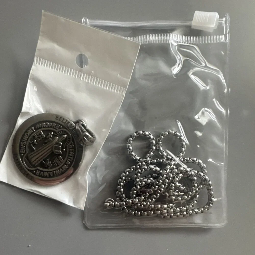 Saint Benedict Plated Pendant 24” Chain Stainless Steel Jesus Christ Silver